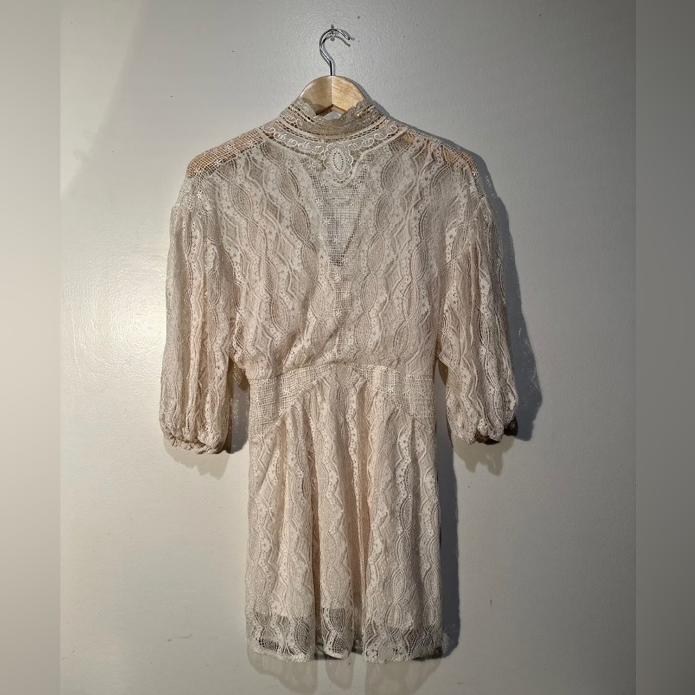 Free People Bittersweet Lace Highneck Ivory Cream Mini Dress Size 4